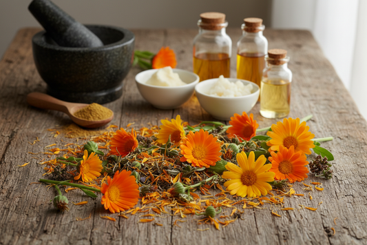 Fresh calendula flowers and herbs used in natural skincare products